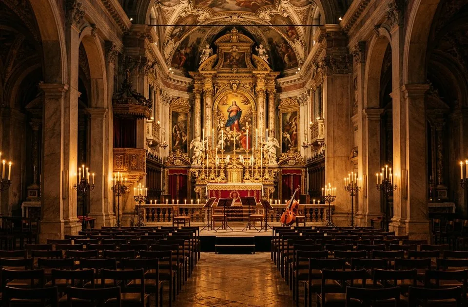 Candlelit Venetian church interior set for an evening Vivaldi concert