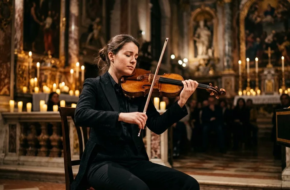 Solo violinist performing Vivaldi by candlelight in a Venetian church